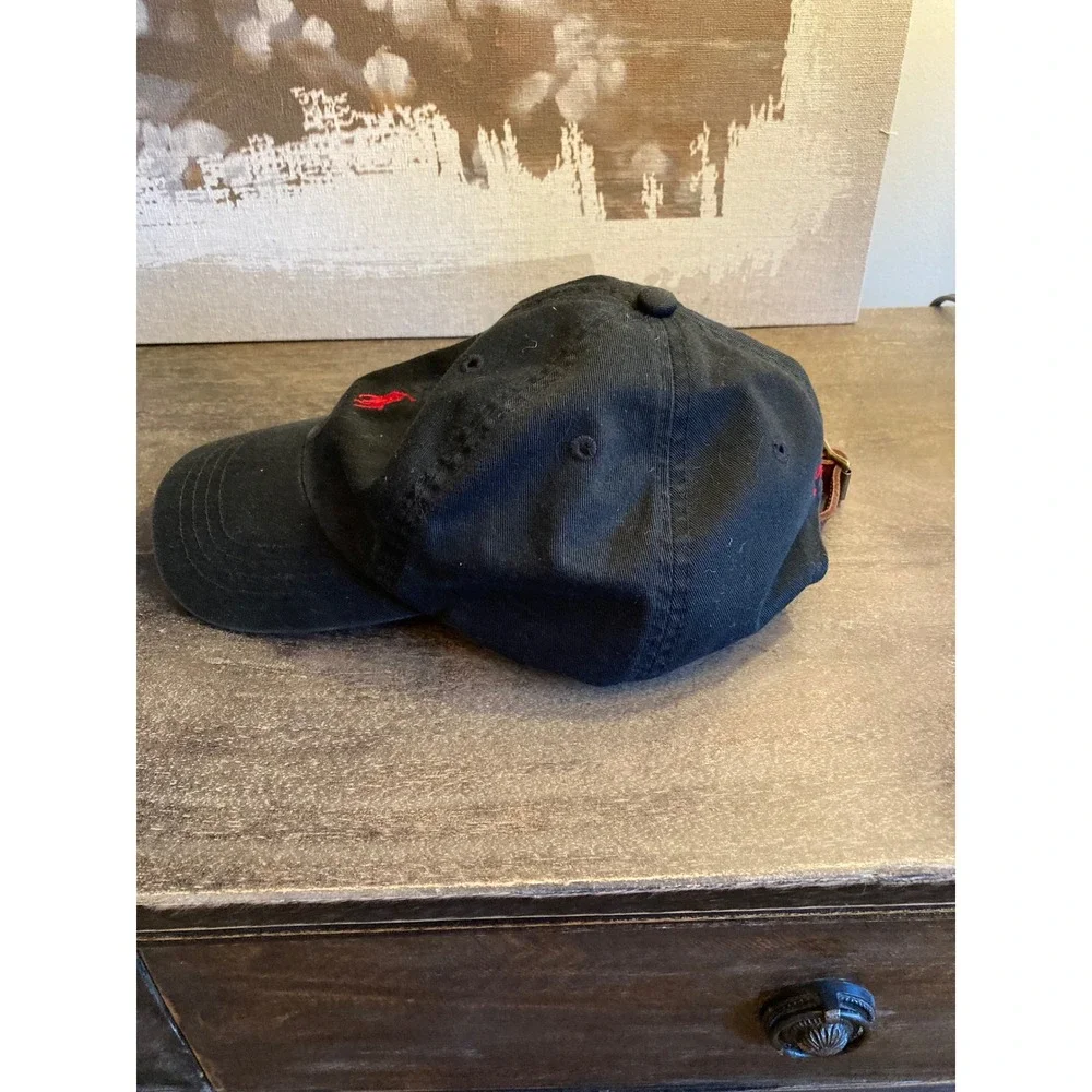Polo Ralph Lauren Black Cotton Baseball Cap Red Pony Leather Strapback Hat